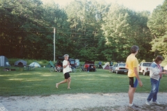 Duck Puddle Campground, Bike Rally 1990  Ellen running to get ready for ride  Photo courtesy of Evelyn Cookson