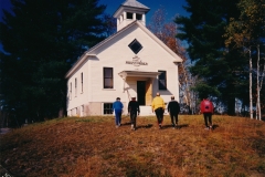 Sanford ride 1991  Old Baptist Church in Ross Corner (open one day a yr.)  Pat A, Liz V, Bob P, Bill, Alex  Photo courtesy of Evelyn Cookson