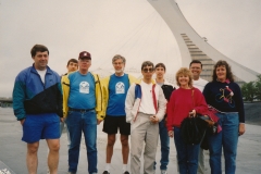 Montreal 1992  Sightseeing Larry C, Bob P, Norm B, Brenda F, Mark, Carl A, Mike, John, Evelyn at stadium  Photo courtesy of Evelyn Cookson